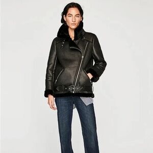 ZARA MOTO Faux Leather Shearling Jacket Coat EUC LIKE NEW